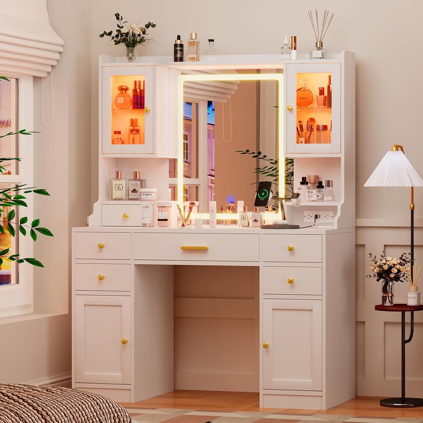 White Vanity Desk: Large Table with RGB Lights & Charging Station