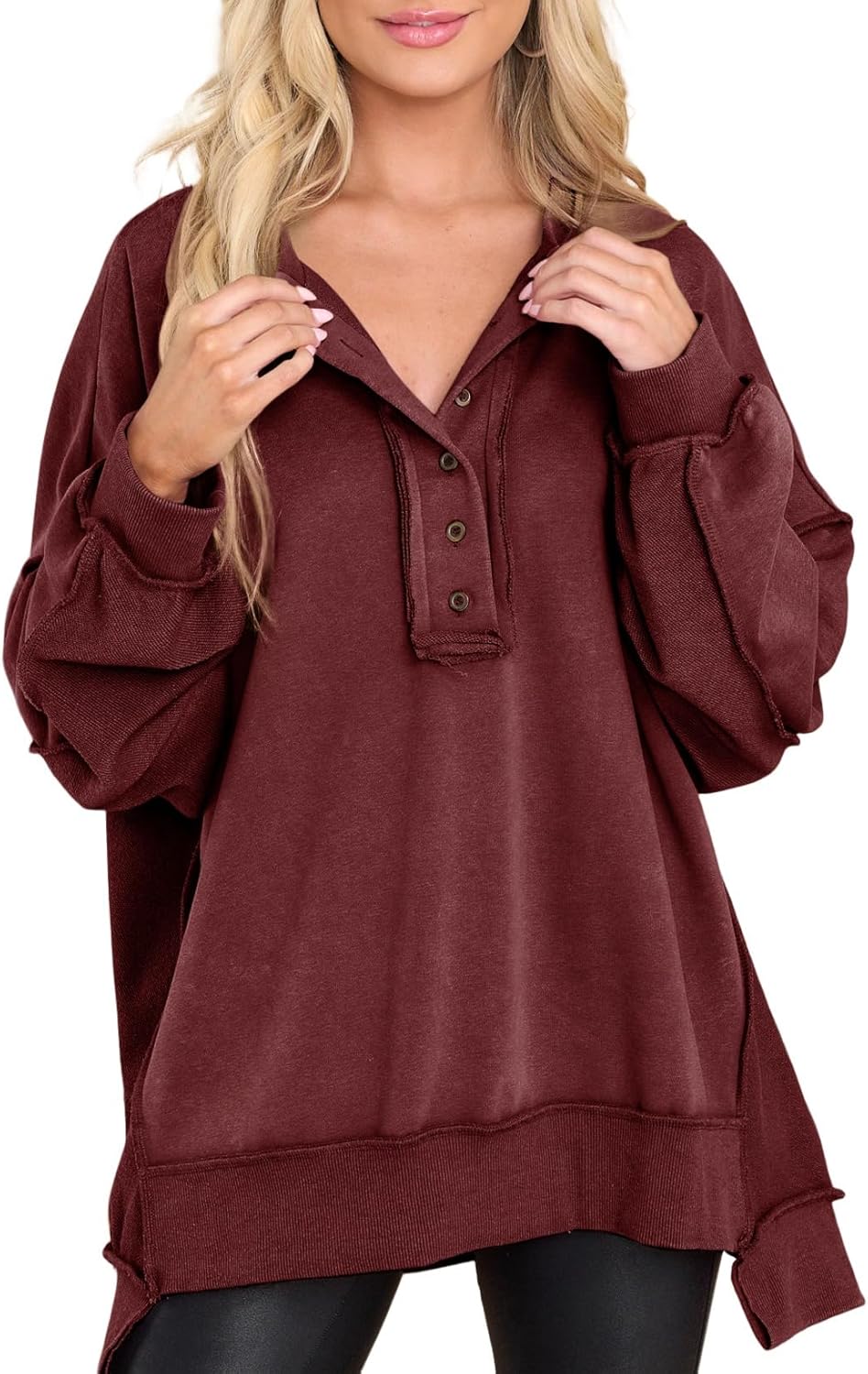 AlvaQ Oversized Casual Long Sleeve Button Henley Sweatshirt