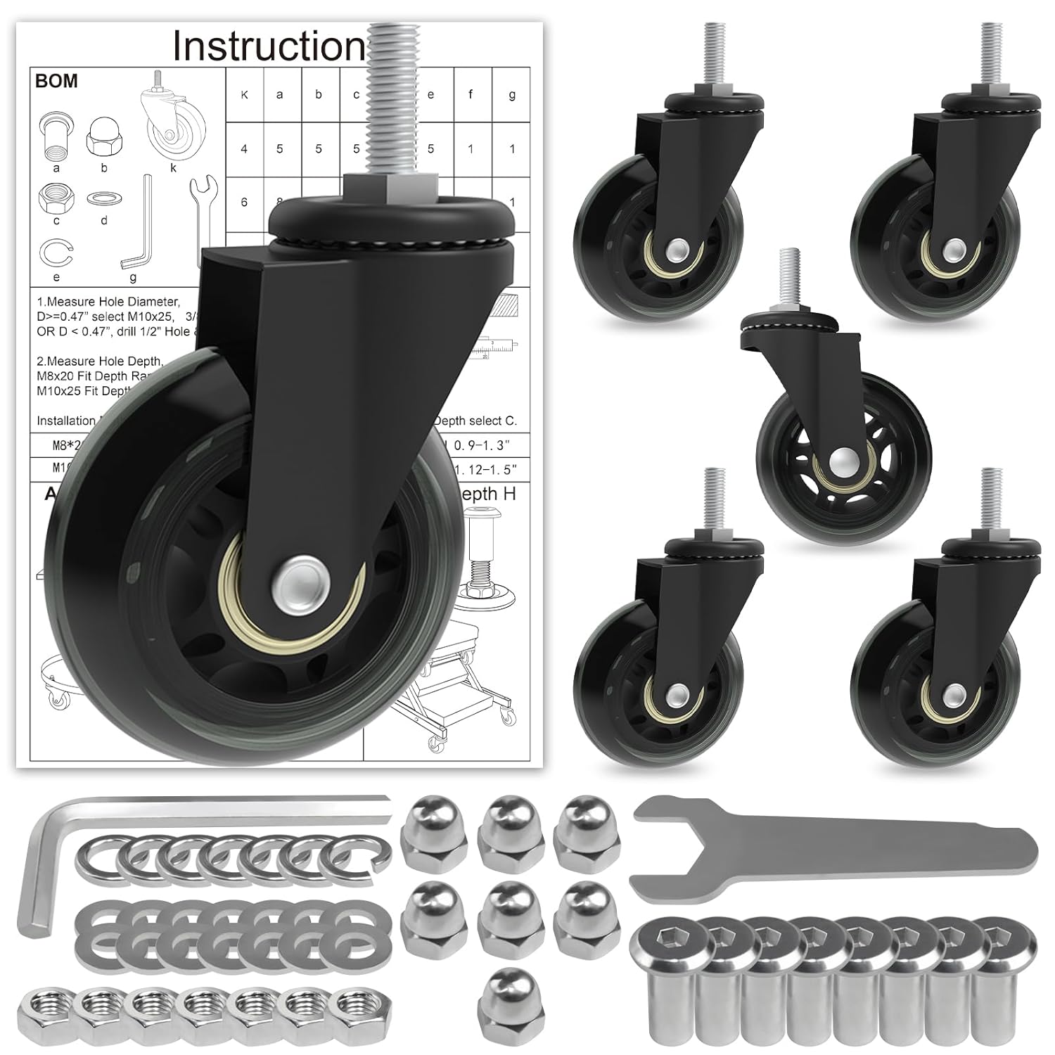 Creeper Caster Wheels Set of 6 Heavy-Duty 2.5 Inch Rollers