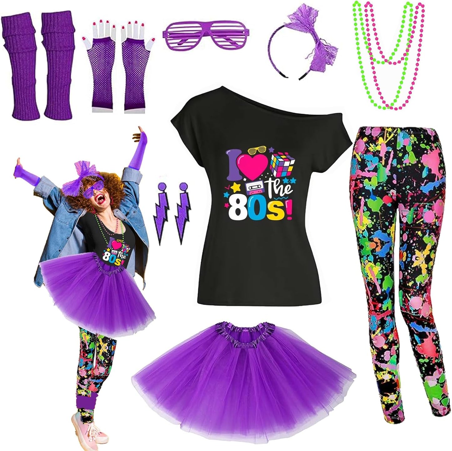 80s Outfit Women Costume Accessories Set for Retro Parties