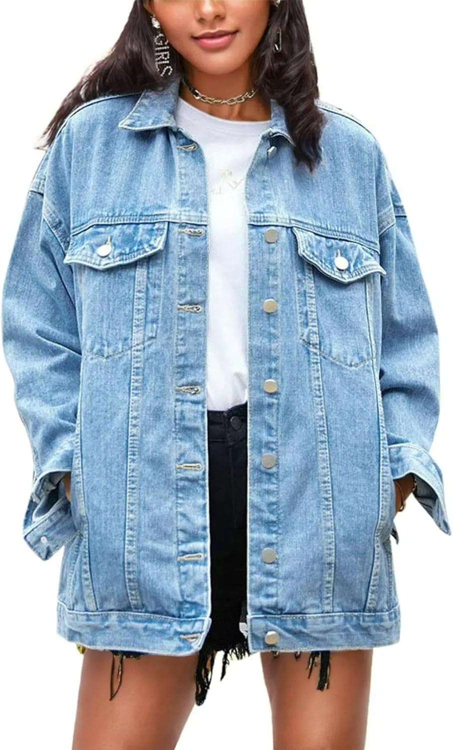 Omoone Women's Oversized Mid Long Denim Jacket for Casual Style