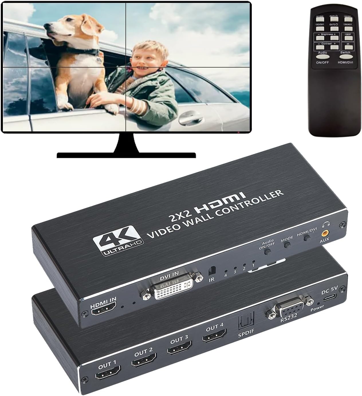 4K 2X2 Video Wall Controller with HDMI and DVI Inputs