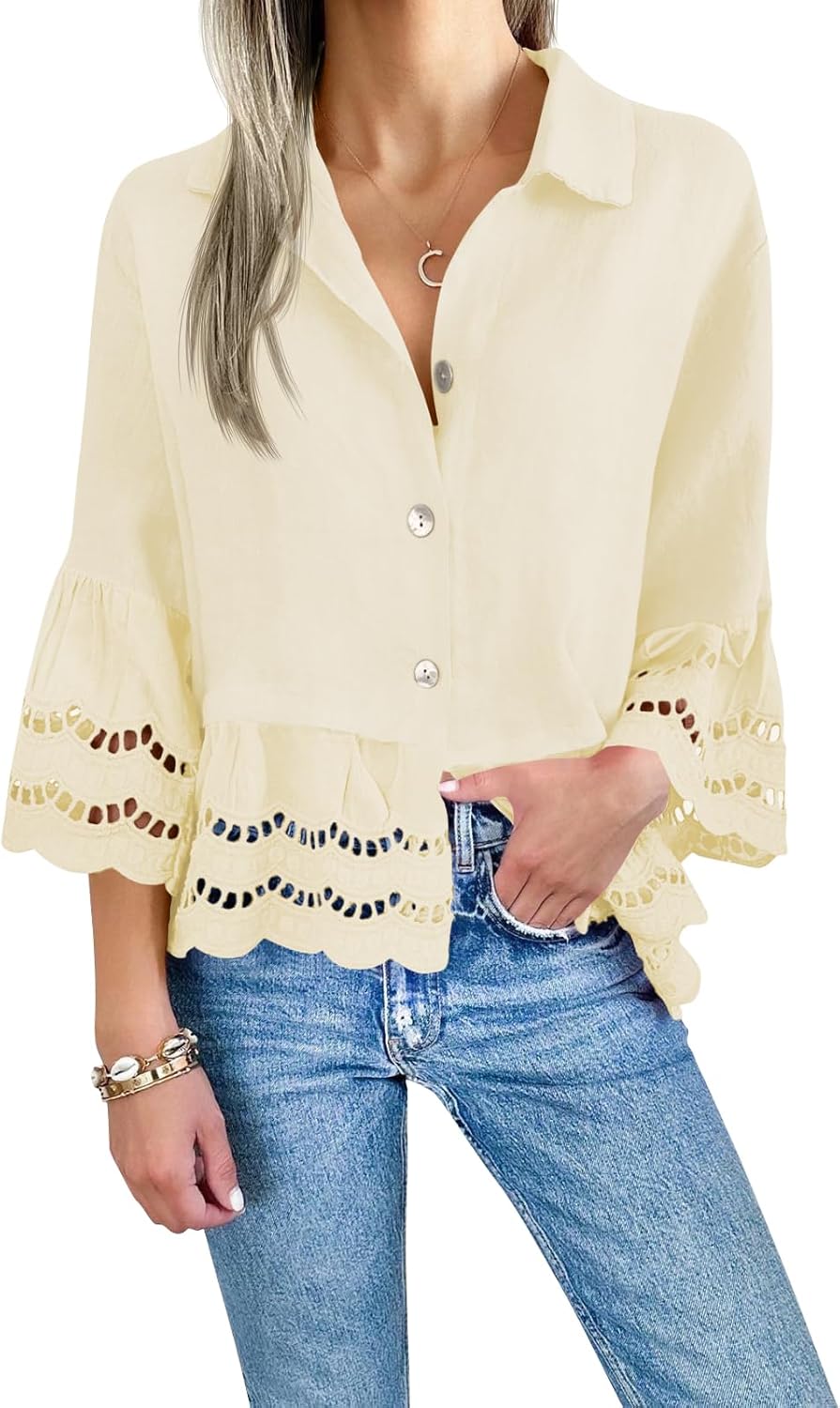 Cicy Bell Womens 3/4 Sleeve Button Down Blouse for Casual Style
