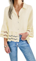 Cicy Bell Womens 3/4 Bell Sleeve Button Down Shirt - Ruffle Hem