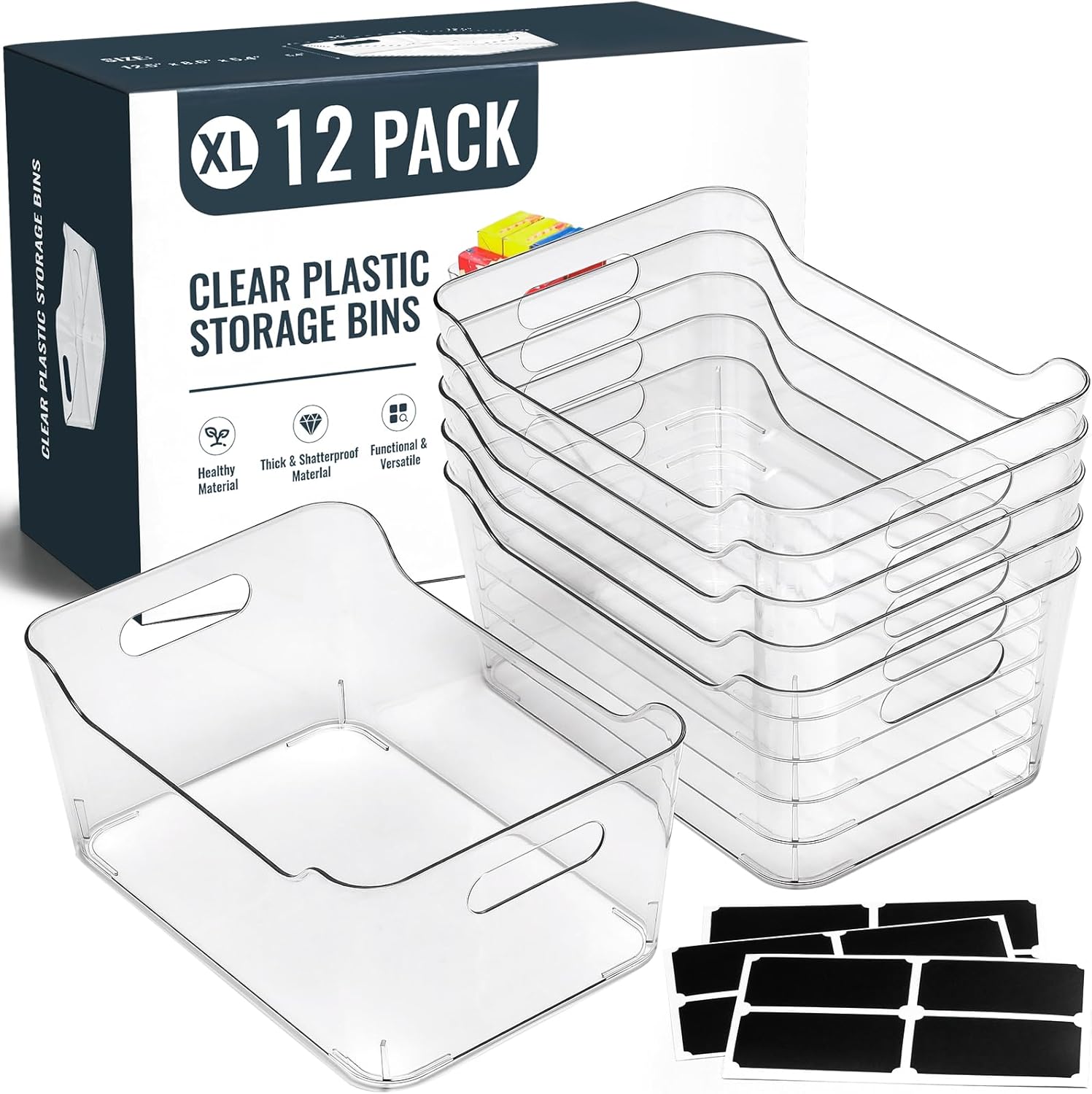 12 PACK Multi-Use Clear Plastic Storage Bins for Organizing
