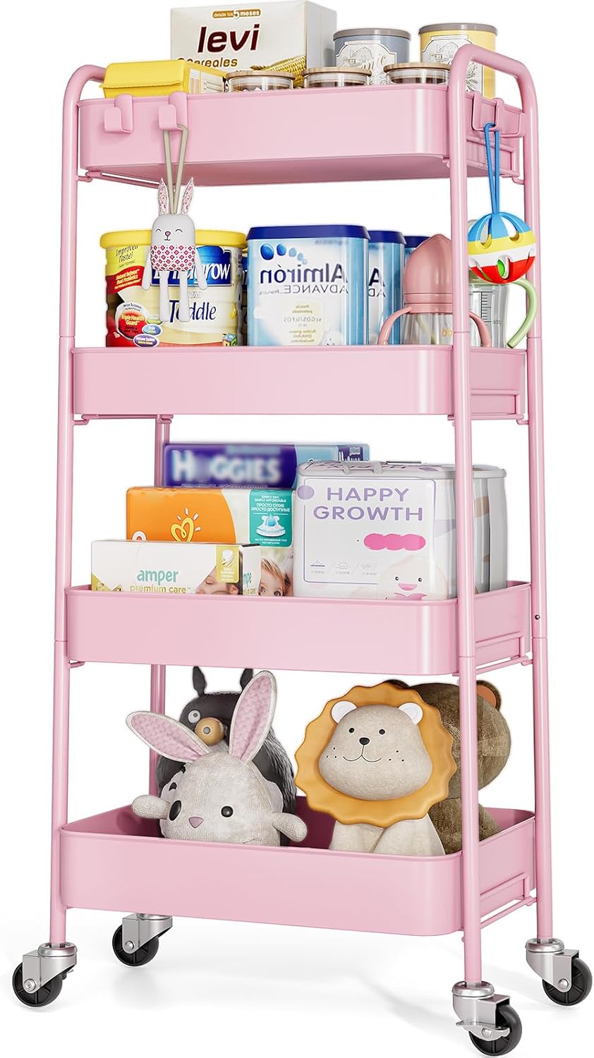 TOOLF 4-Tier Metal Rolling Cart for Kitchen and Bathroom Use