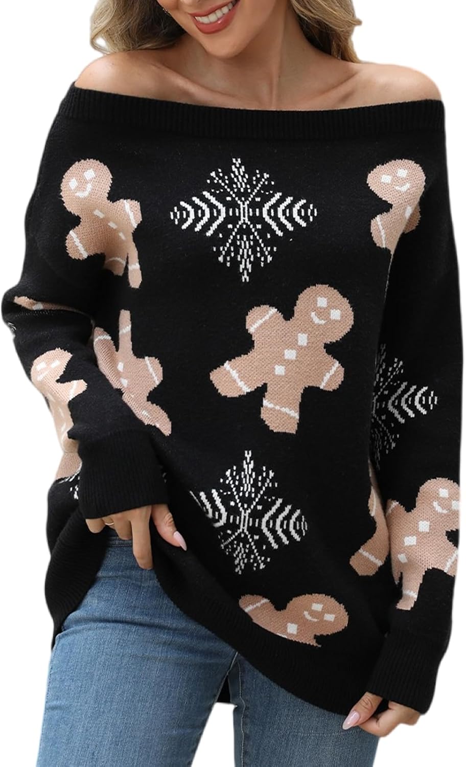 VIMPUNEC Womens Oversized Color Block Off The Shoulder Sweater