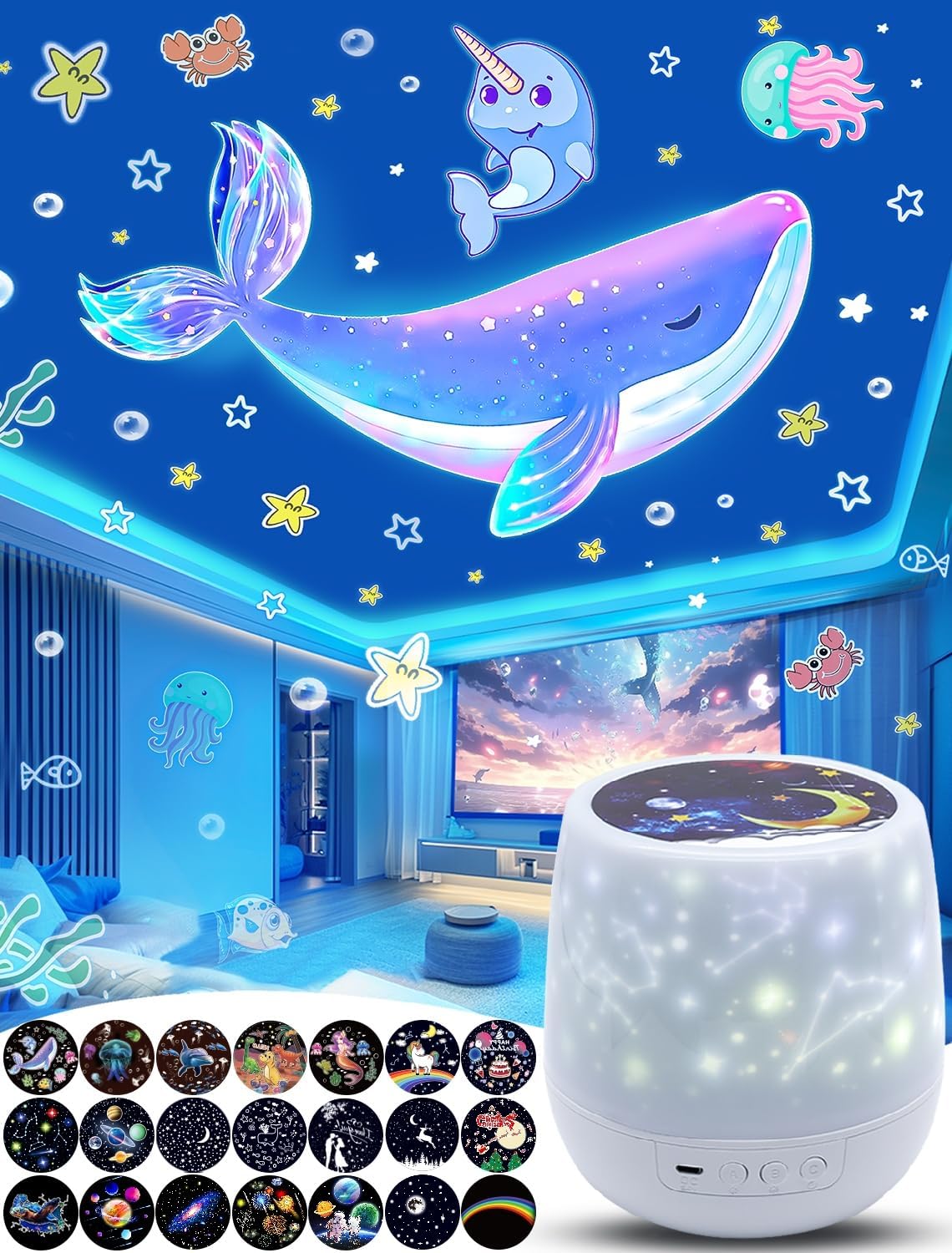 Kids Star Projector with 21 Films - 360 Rotation, Nursery Decor