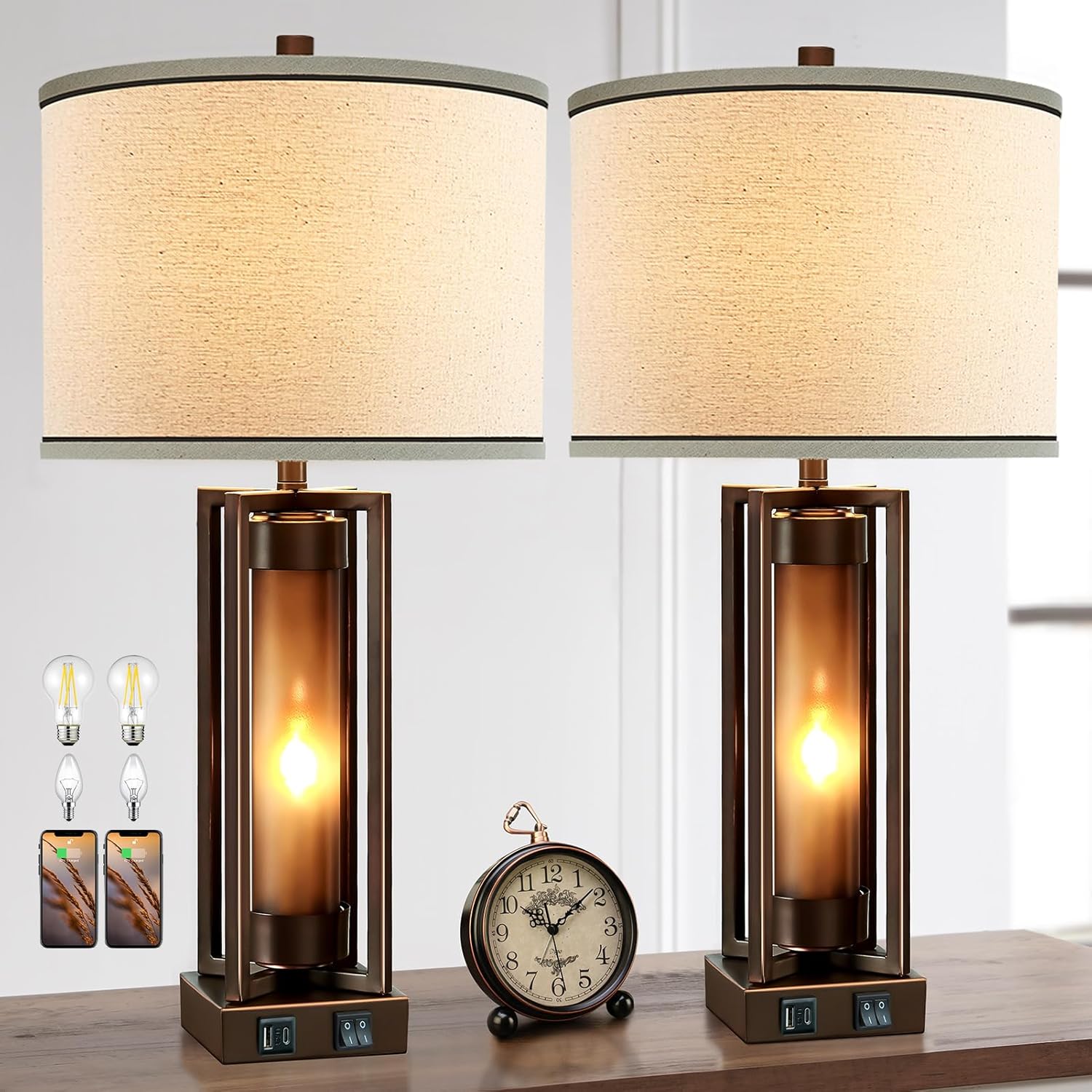 Rustic Table Lamps Set of 2 with USB Ports for Modern Homes