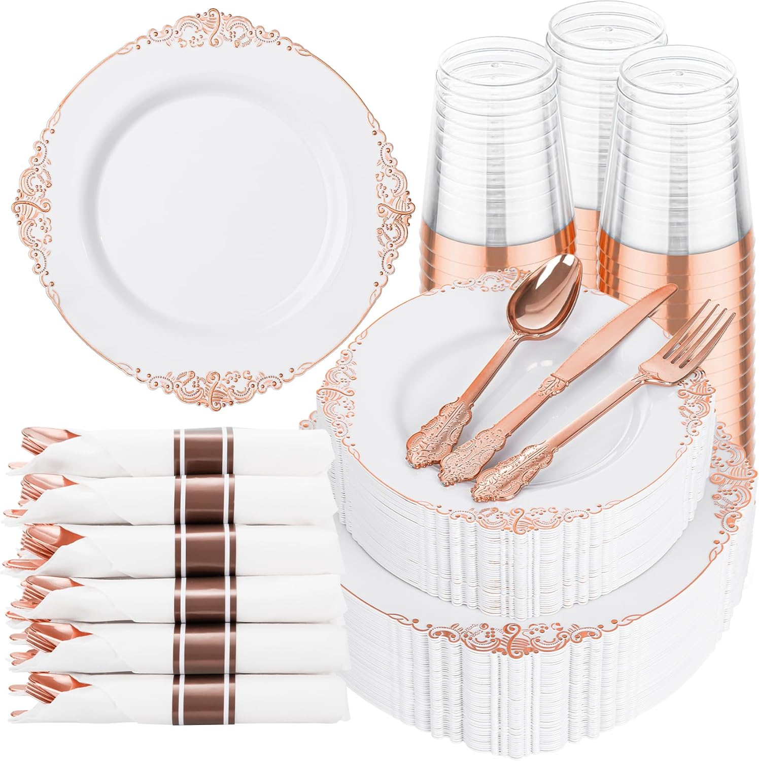 Elegant Rose Gold Plastic Plates Set for 50 Guests - 350pcs