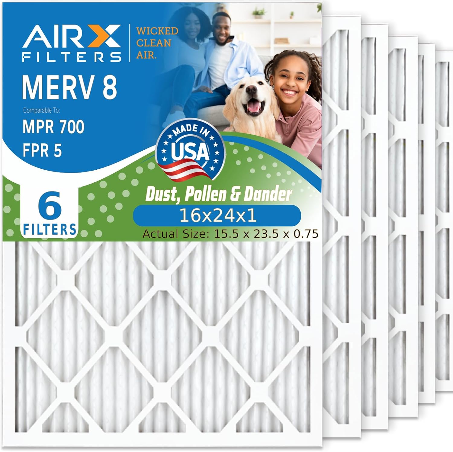 6 Pack 16x24x1 MERV 8 Electrostatic Air Filter Set by AIRx