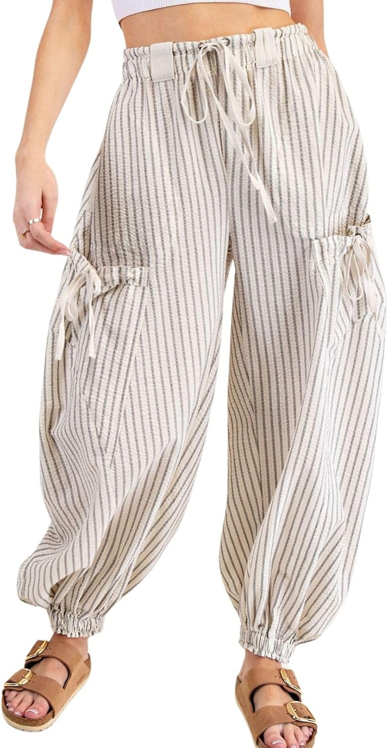 Women Drawstring Striped Pants for Casual Lounge and Beach Wear