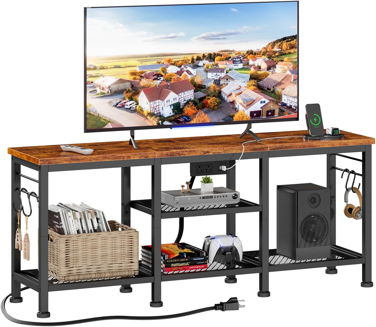 Furologee Rustic Brown TV Stand with Power Outlets: Stylish Storage Solution