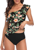 Two Piece One Shoulder Tankini Ruffle Swimsuit - Tummy Control