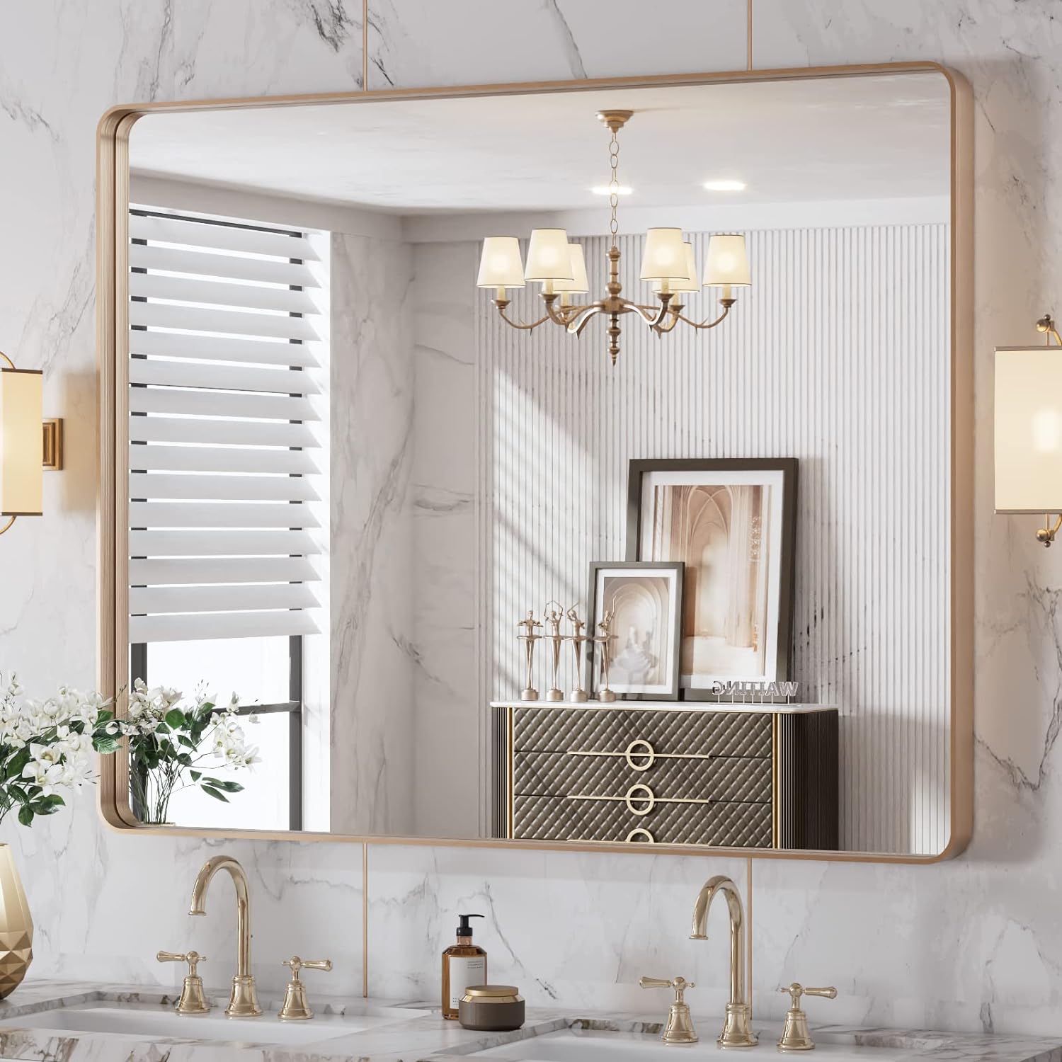 40X32 Gold Bathroom Mirror with Rounded Rectangle Frame Design
