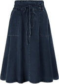 Women Casual Denim Skirt A-Line Midi with Tie Waist and Pockets