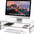 Acrylic Monitor Stand 2 Tier Riser (20x8x5.5 in) - Clear Desk Storage