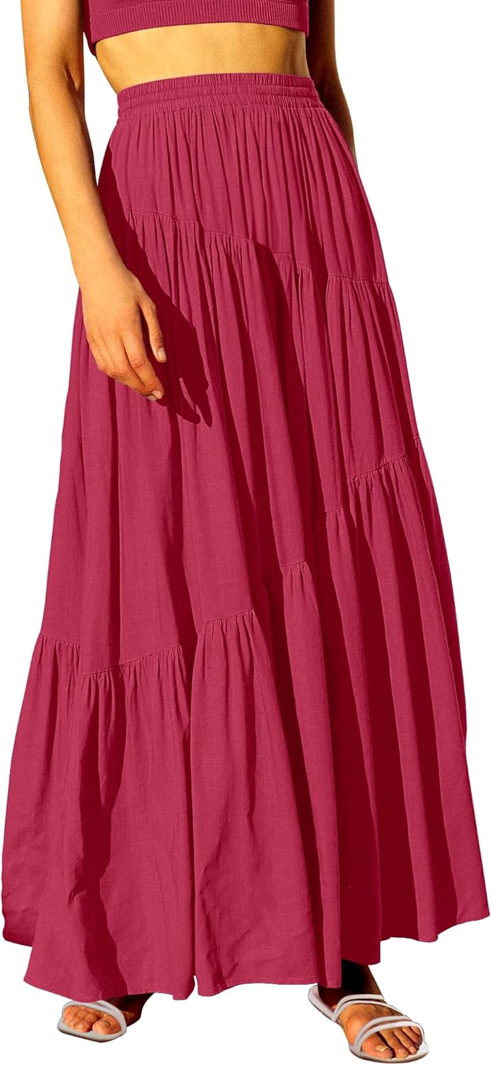 Womens Boho Elastic High Waist Pleated A-Line Maxi Skirt