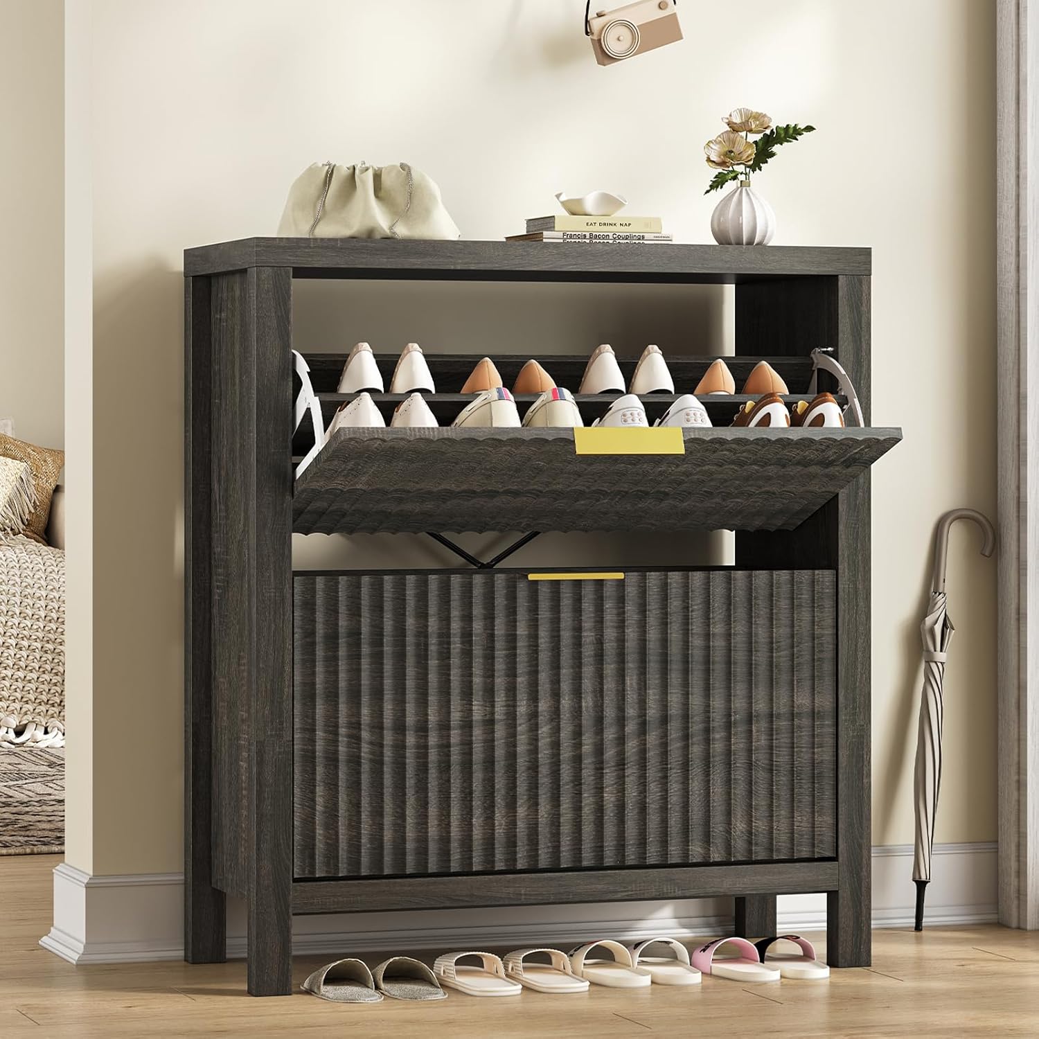 Fluted Shoe Cabinet Storage for Entryway with 2 Flip Drawers