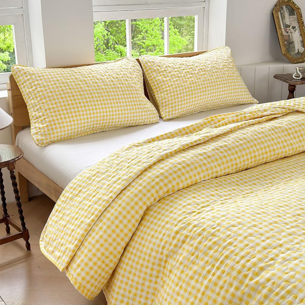 Yellow Gingham Twin Quilt Set for Stylish Bedroom Decor