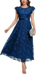 Women's Tulle Midi Dress with Ruffle Sleeves - Navy Elegant