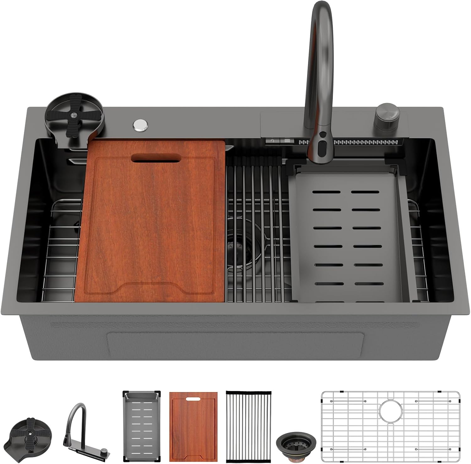 33 Inch Black Smart Waterfall Drop In Kitchen Sink with Faucet