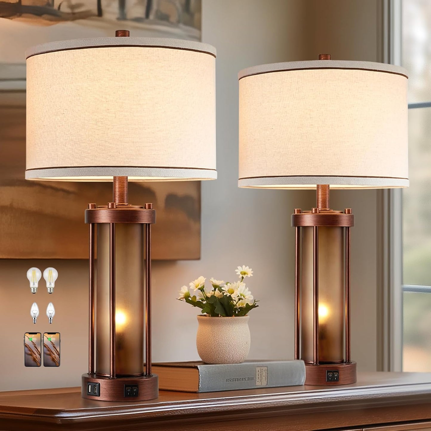 Set of 2 Farmhouse Table Lamps with USB Ports for Convenience