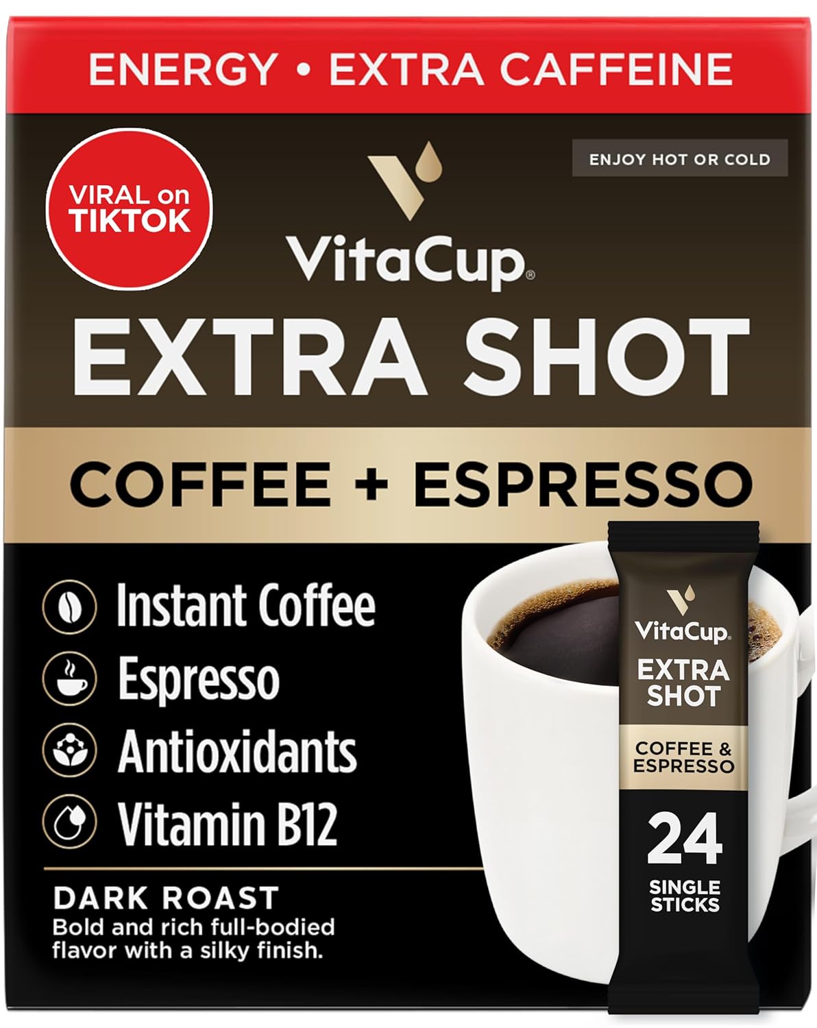 VitaCup Extra Shot Instant Coffee Packets for Bold Energy