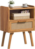 Rattan Nightstand with Drawer and Open Shelf - Mid Century Night Stand
