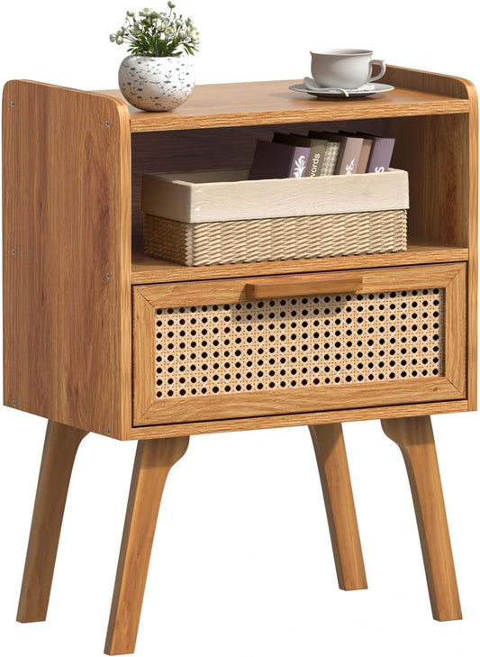 Rattan Nightstand with Drawer and Open Shelf for Small Spaces