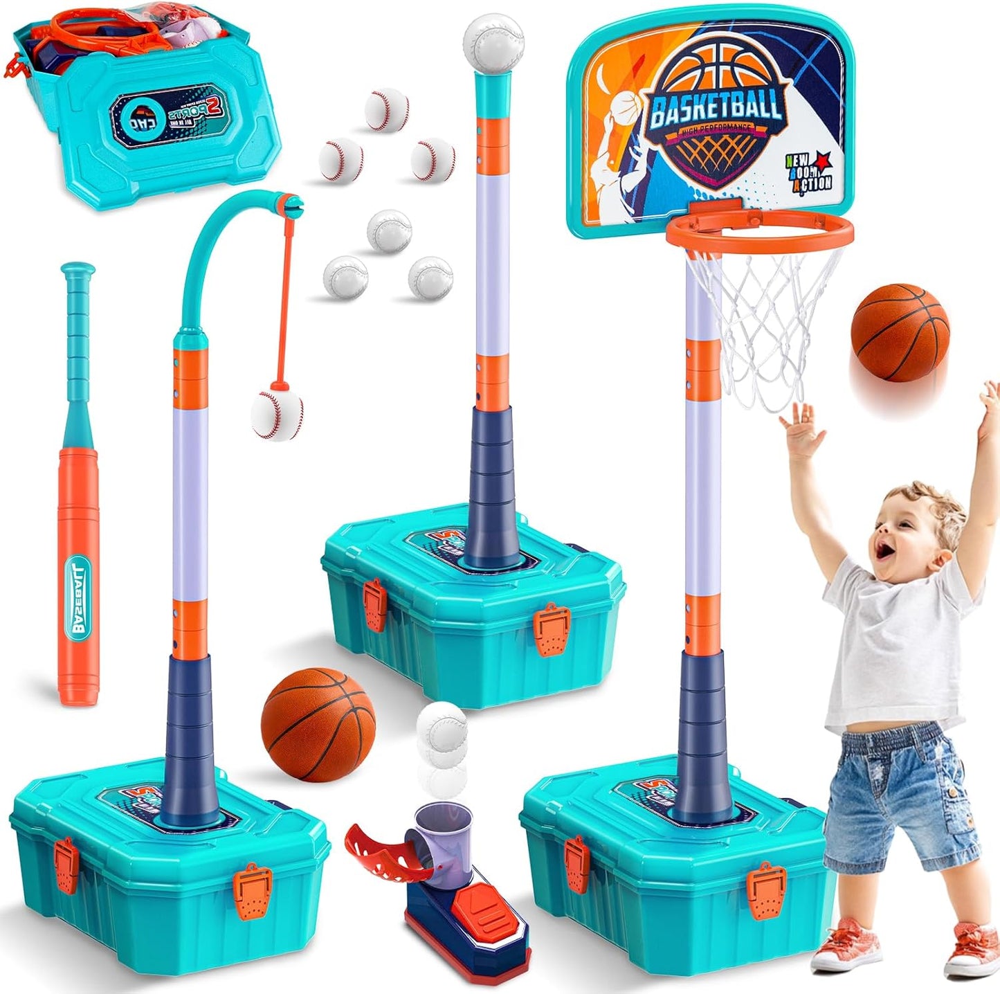 Height-Adjustable Kids Hoop & T-Ball Set, 5-in-1 Fun!
