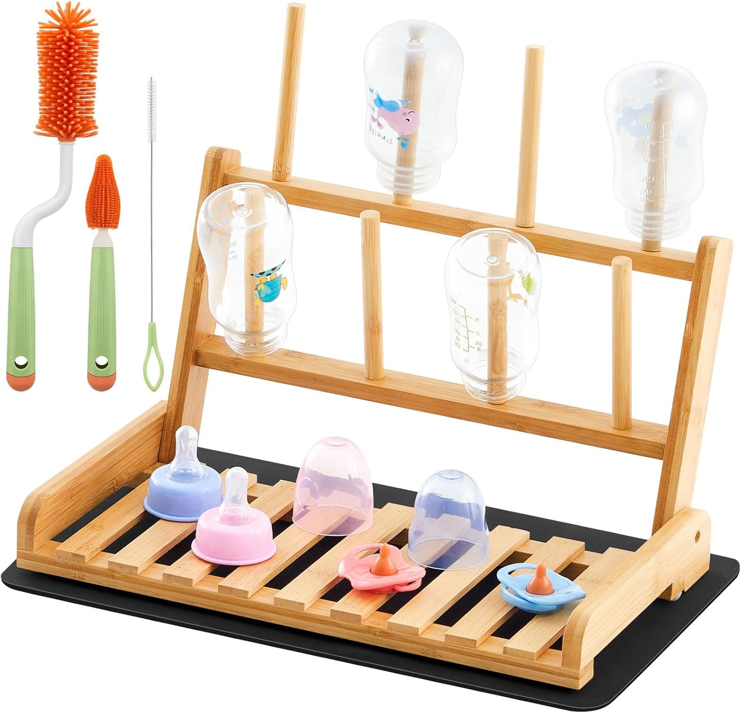 Bamboo Baby Bottle Drying Rack with 8 Cleaning Brushes Set