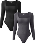 OQQ Women's 2 Piece Ribbed Square Neck Long Sleeve Bodysuits