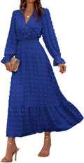 Women Fall Maxi Dress V Neck Swiss Dots - Elastic High Waist Ruffle