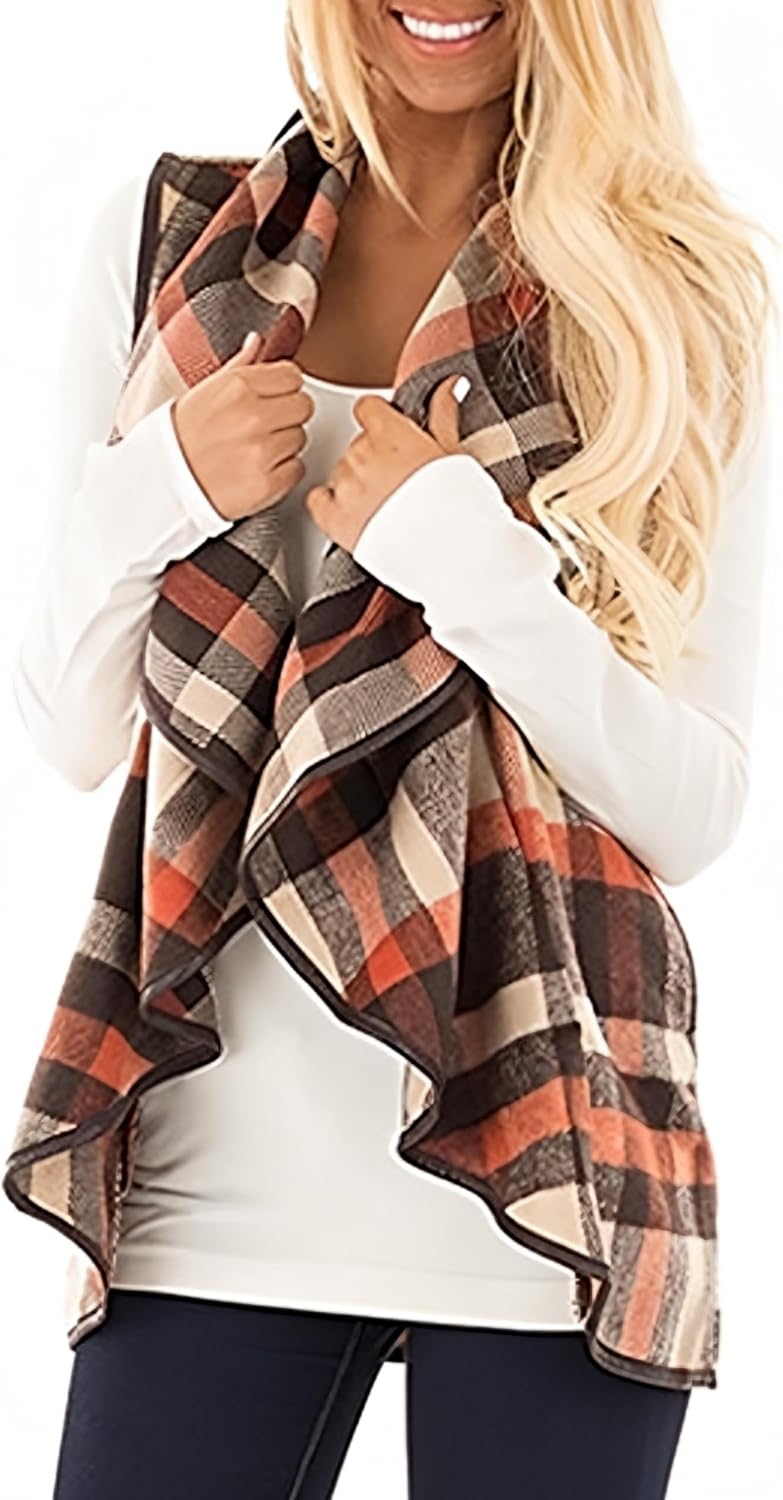 Unidear Womens Buffalo Plaid Vest Casual Open Front Cardigan