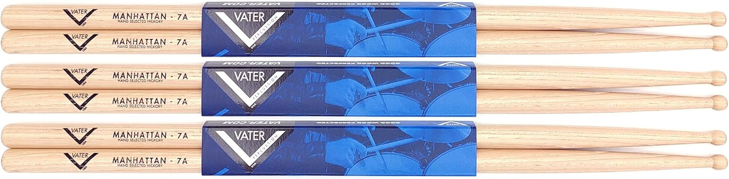 Vater Manhattan 7A Wood Tip Hickory Drum Sticks for Musicians