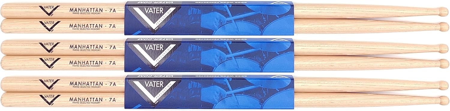 Vater Manhattan 7A Wood Tip Hickory Drum Sticks for Musicians