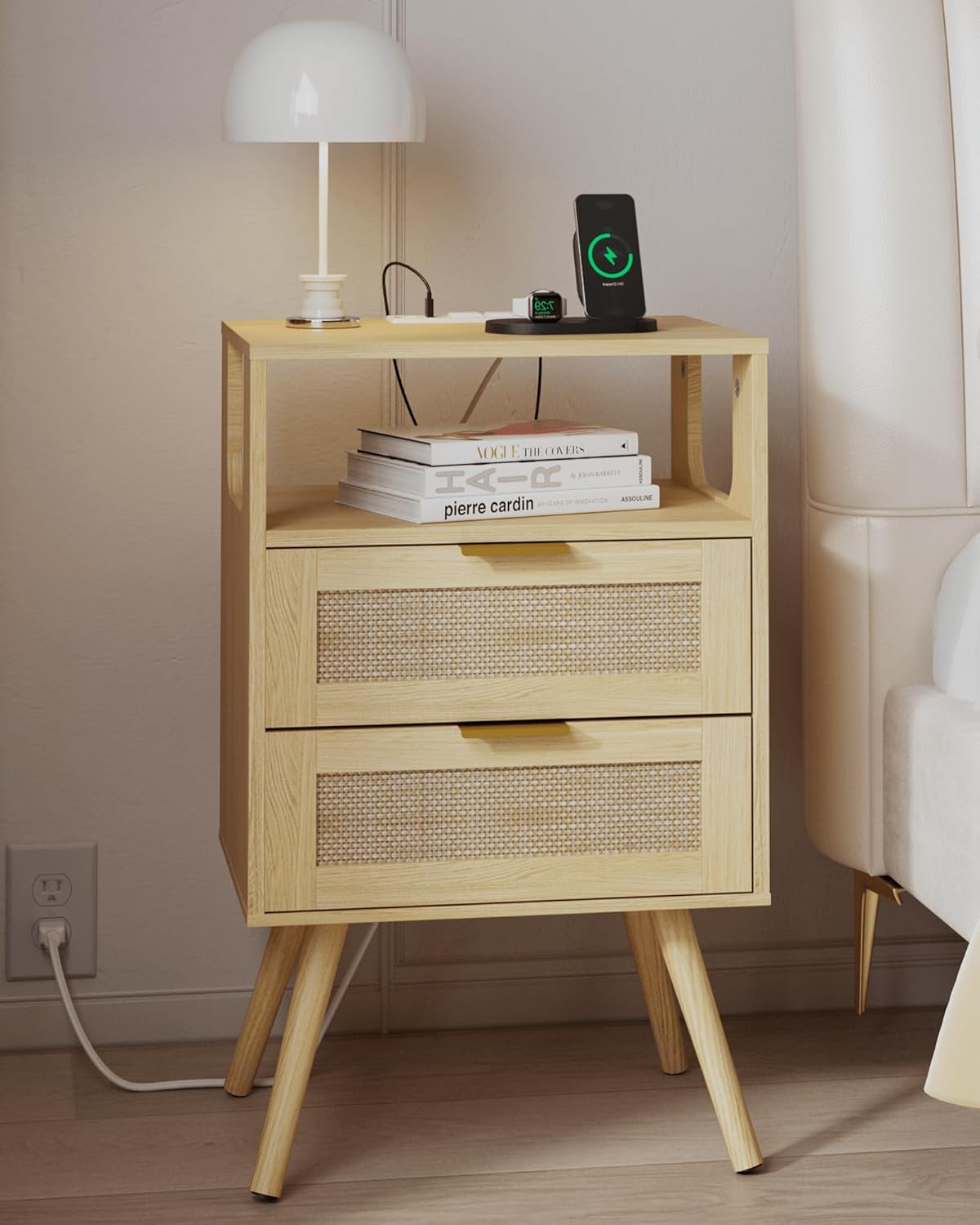 Rattan Nightstand with Charging Station for Small Spaces