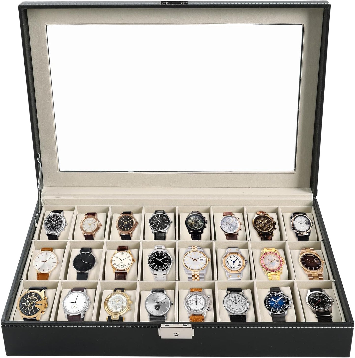 Portable 24 Slot Black Watch Box for Men & Women