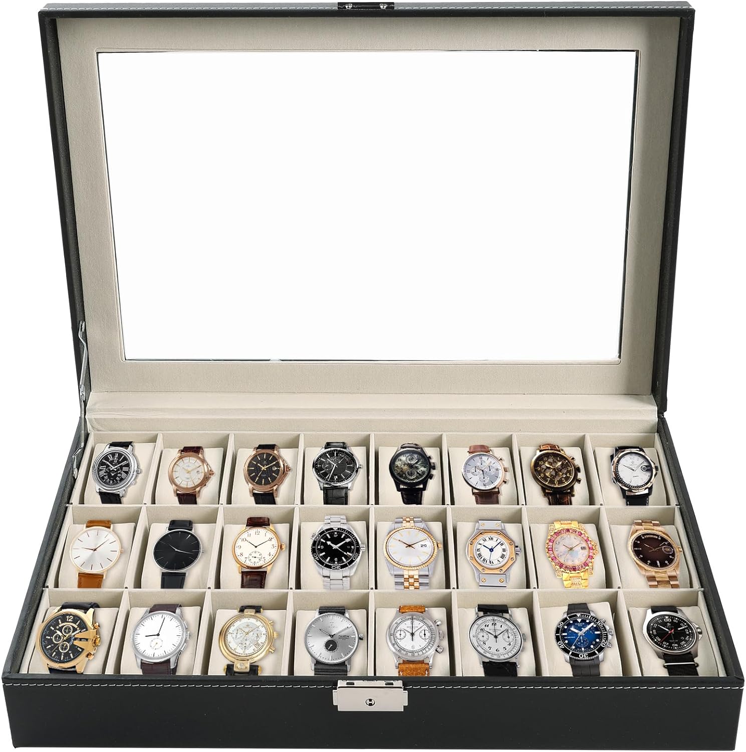 Portable 24 Slot Black Watch Box for Men & Women