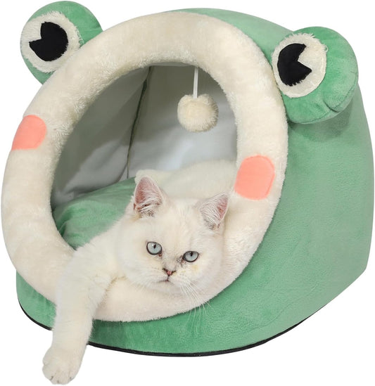 Cozy Green Frog Cat Bed - Warm Igloo Nest