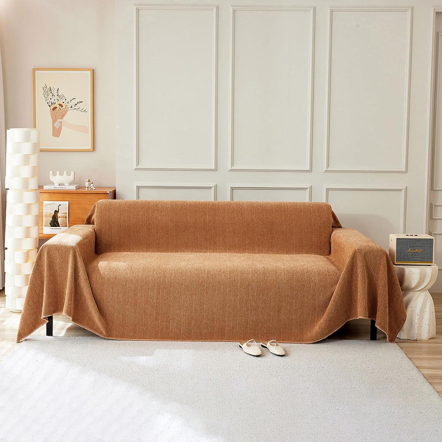 Burnt Orange Chenille Couch Cover for 3 Cushion Sofa Use