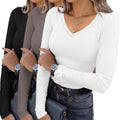 Ekouaer Womens V Neck Ribbed Long Sleeve Tops 3-Pack - Slim Fit