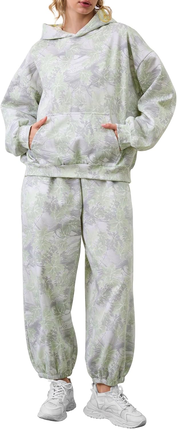 Camo Sweatsuits for Women Set with Maple Leaf Print Design