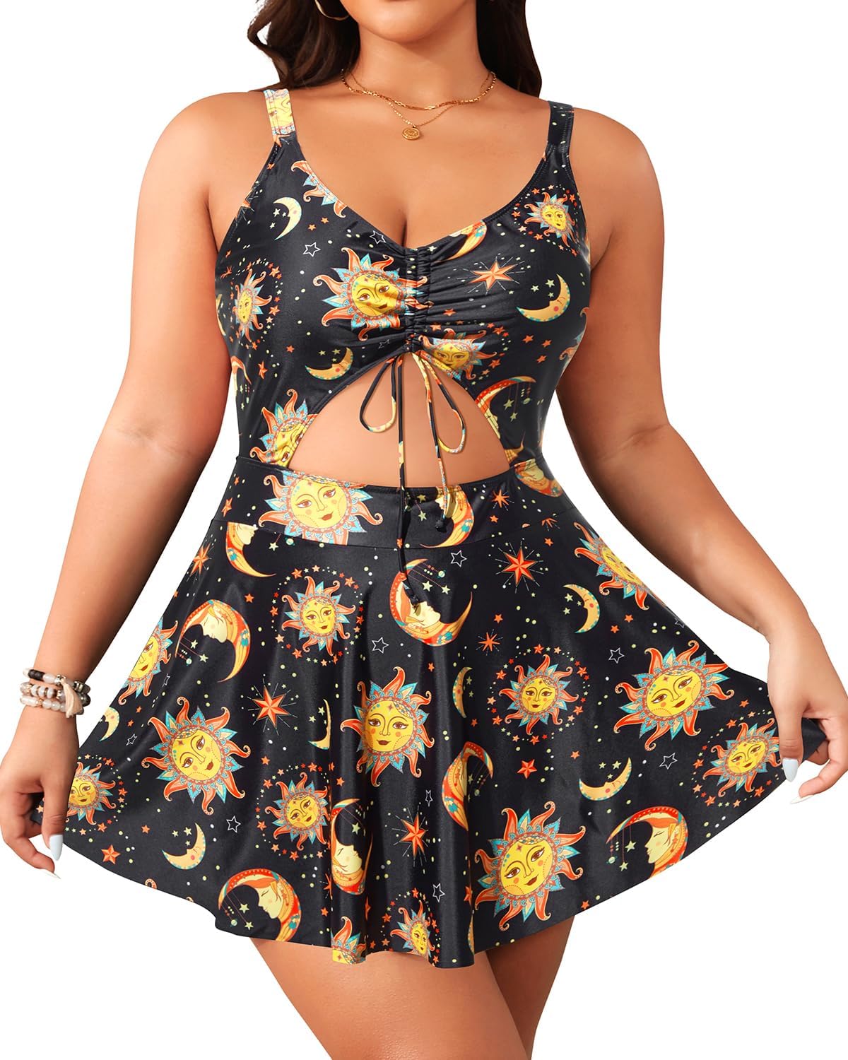 Yonique Plus Size One Piece Swimdress with Floral Print Design