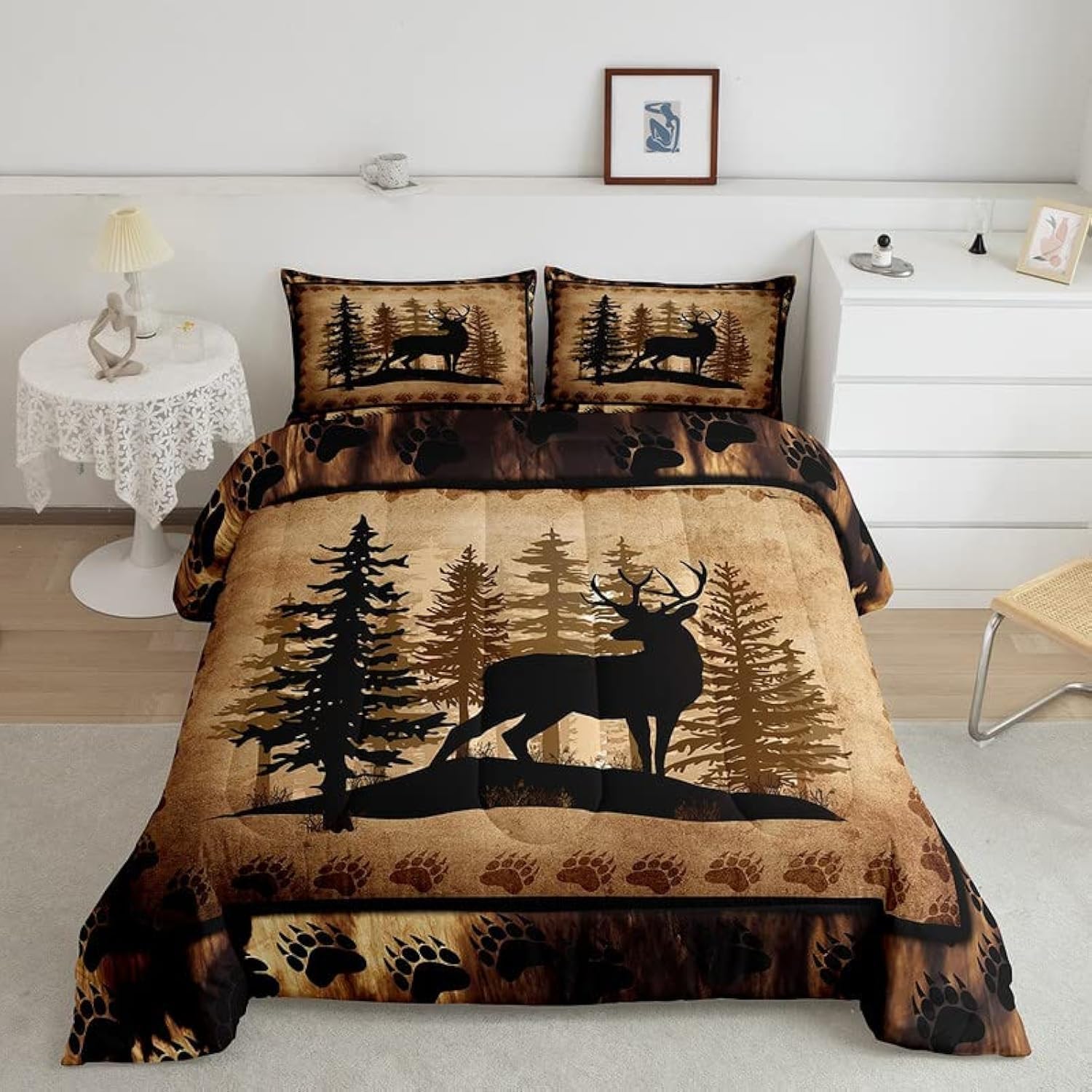 Cute Deer Comforter Set for Kids - Rustic Bear Paw Print Bedding