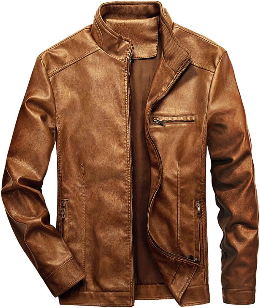 WULFUL Men's Stand Collar Leather Jacket for Motorcycle Riders