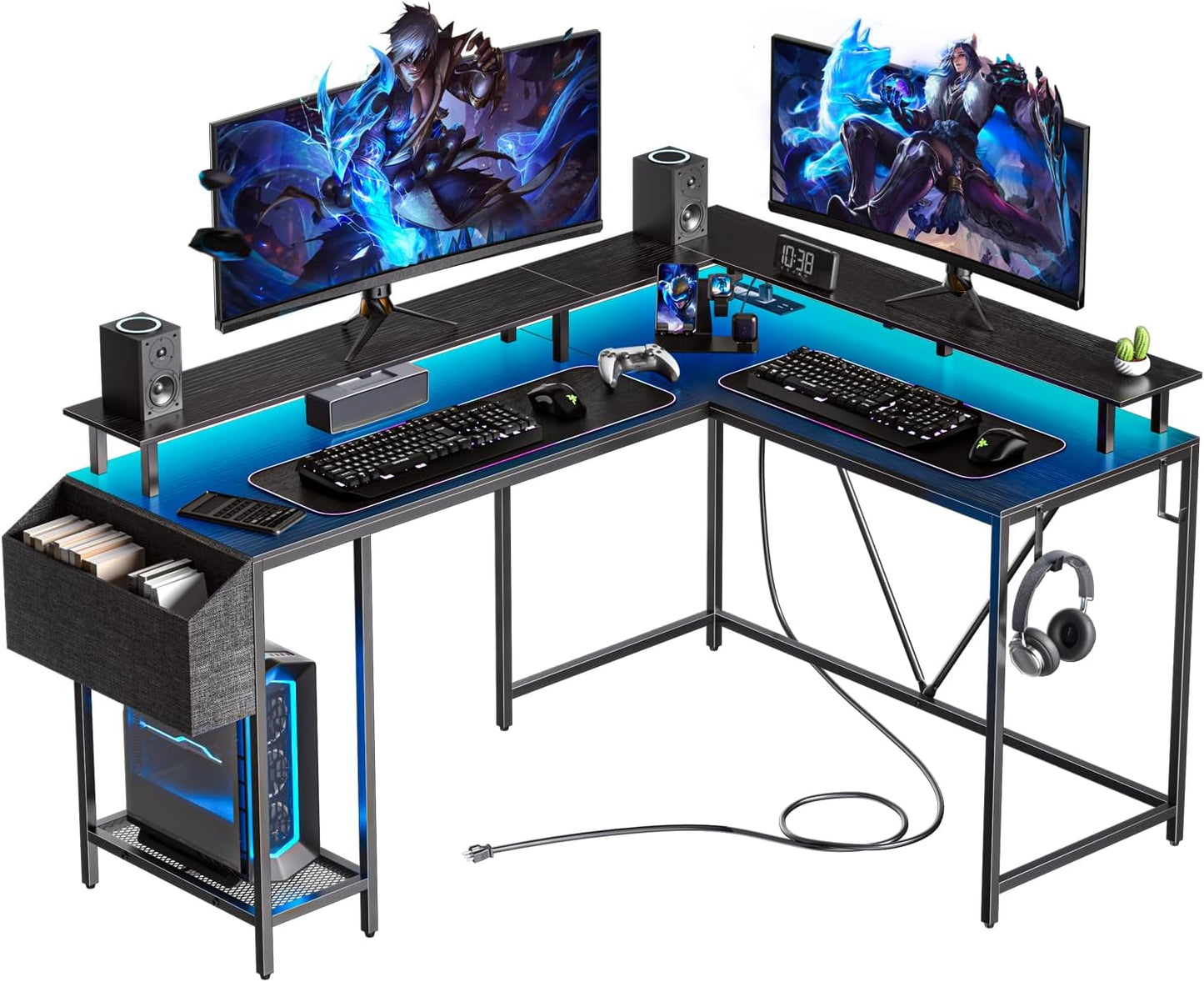 L Shaped Gaming Desk with Power Outlets and LED Lights for Gamers