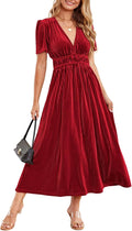 Sissyaki Women's Retro V-Neck Velvet Maxi Dress - Elegant Velvet
