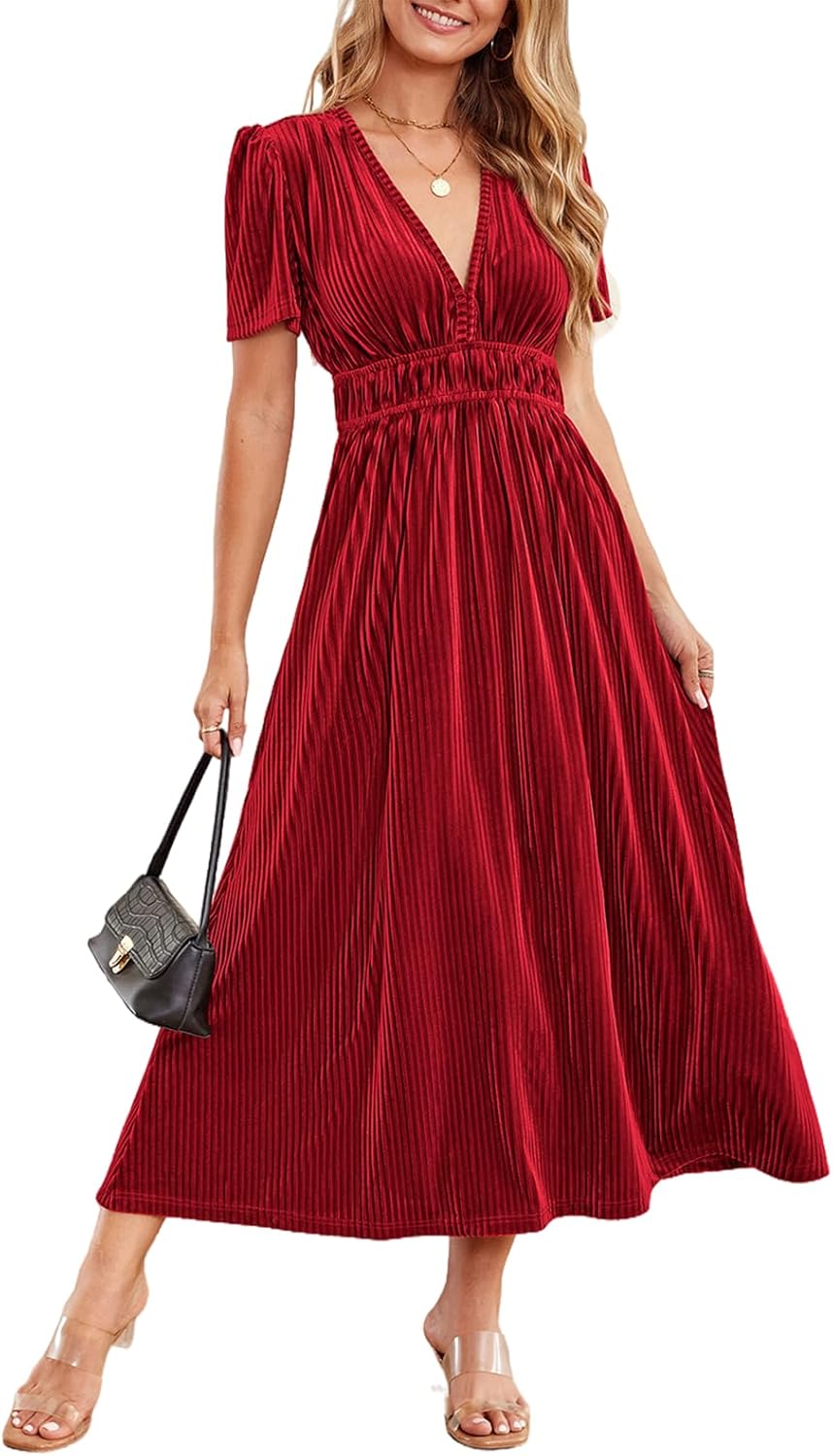 Sissyaki Women's Retro V-Neck Velvet Maxi Dress for Parties